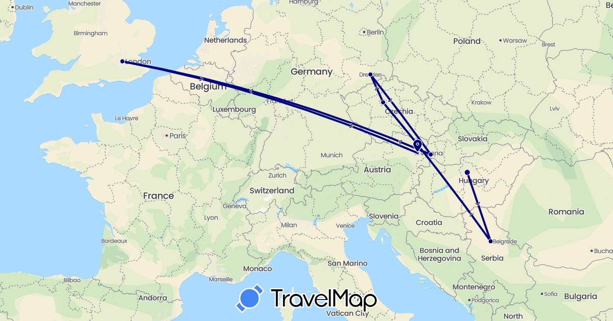 TravelMap itinerary: driving in Austria, Czech Republic, Germany, United Kingdom, Hungary, Serbia, Slovakia (Europe)